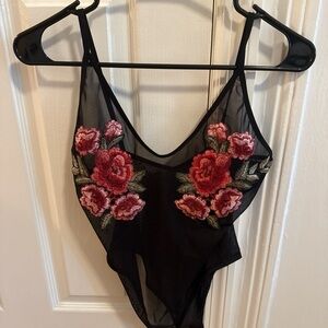 Black Sheer Bodysuit with Floral Embroidery